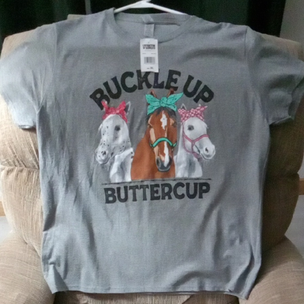 Gildan Gray 'Buckle Up Buttercup' Short Sleeve Tee with Horse Graphic